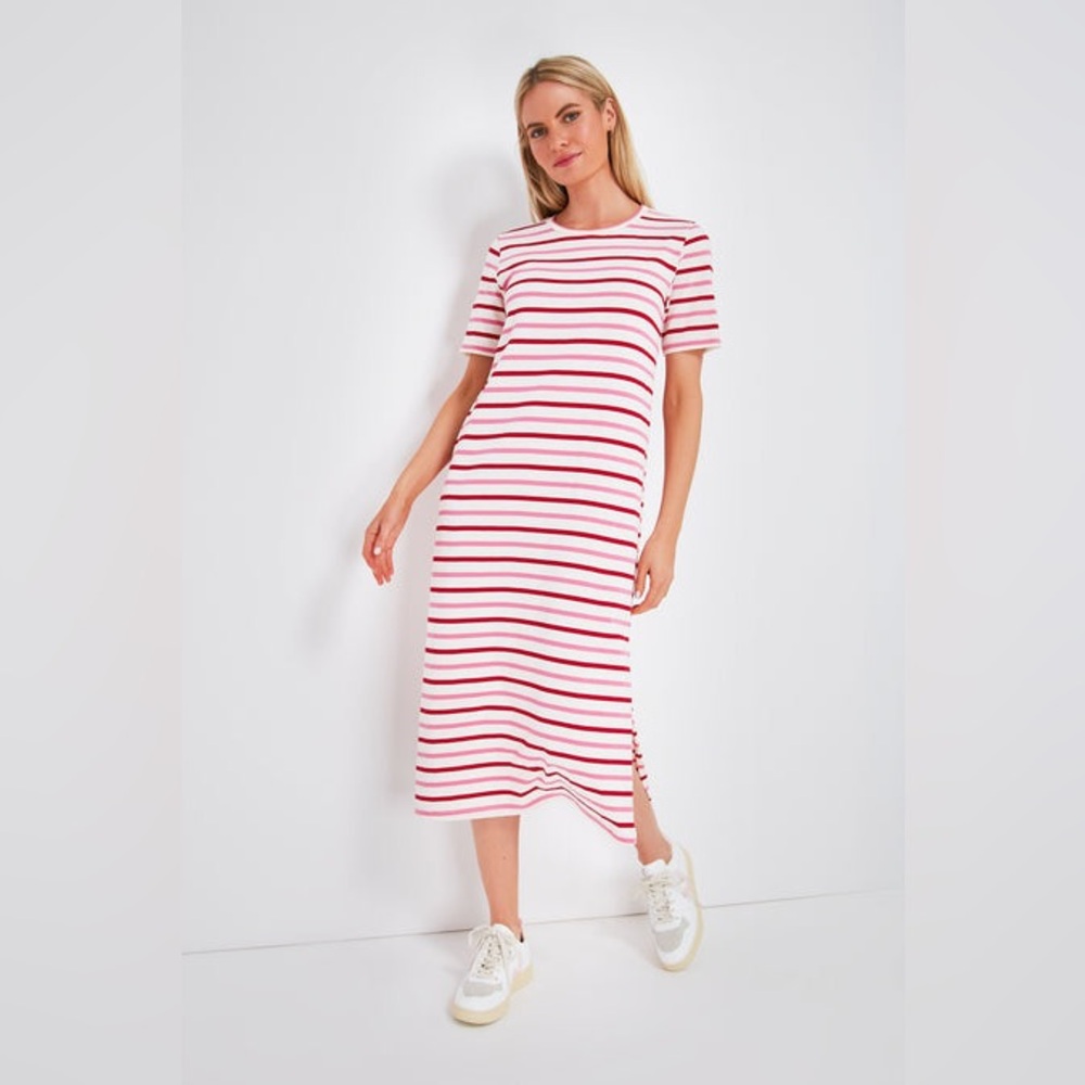 Pomander Place Gio Stripe Short Sleeve Long Maxi Dress Red Pink Small S